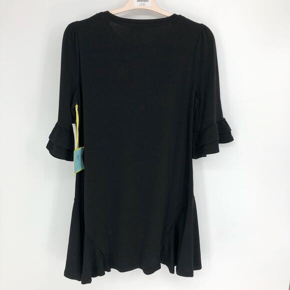 CECE Women's Knit Shift Dress Medium Rich Black Ruffled Bell Sleeves NWT - Picture 6 of 10